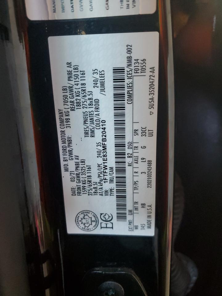 2021 Ford F150 Supercrew VIN: 1FTFW1E83MFB20410 Lot: 80485315
