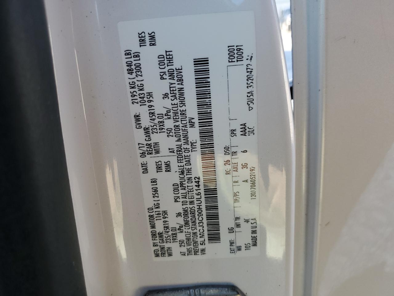 2017 Lincoln Mkc Reserve VIN: 5LMCJ3C90HUL61442 Lot: 70845365