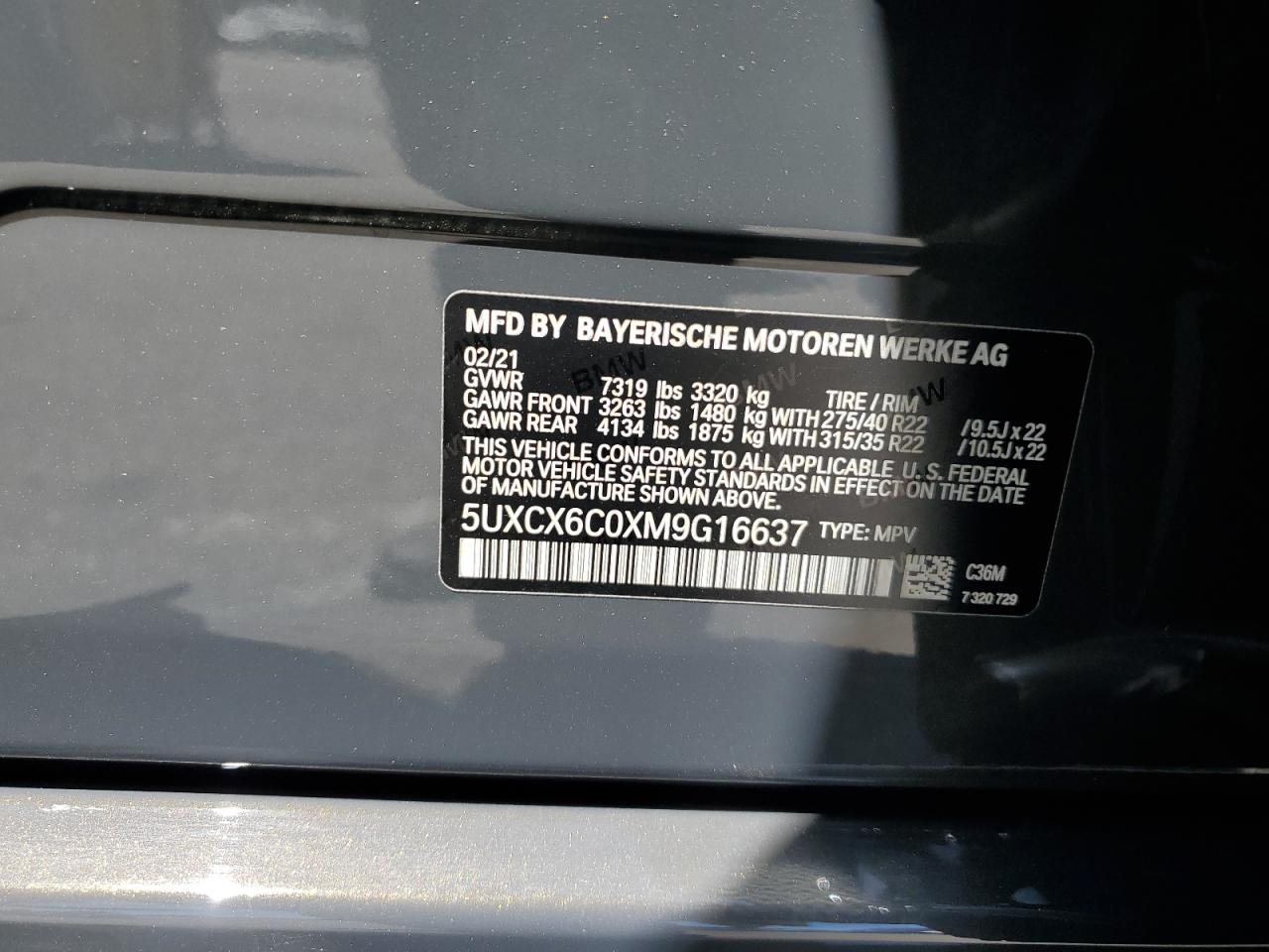 2021 BMW X7 M50I VIN: 5UXCX6C0XM9G16637 Lot: 71235955