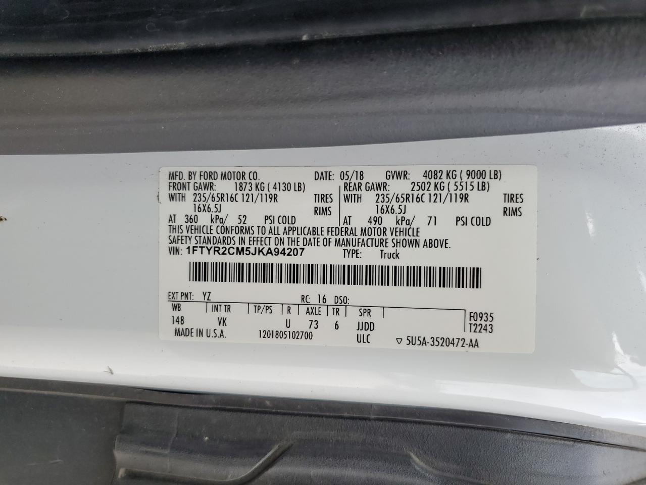 2018 Ford Transit T-250 VIN: 1FTYR2CM5JKA94207 Lot: 80243775