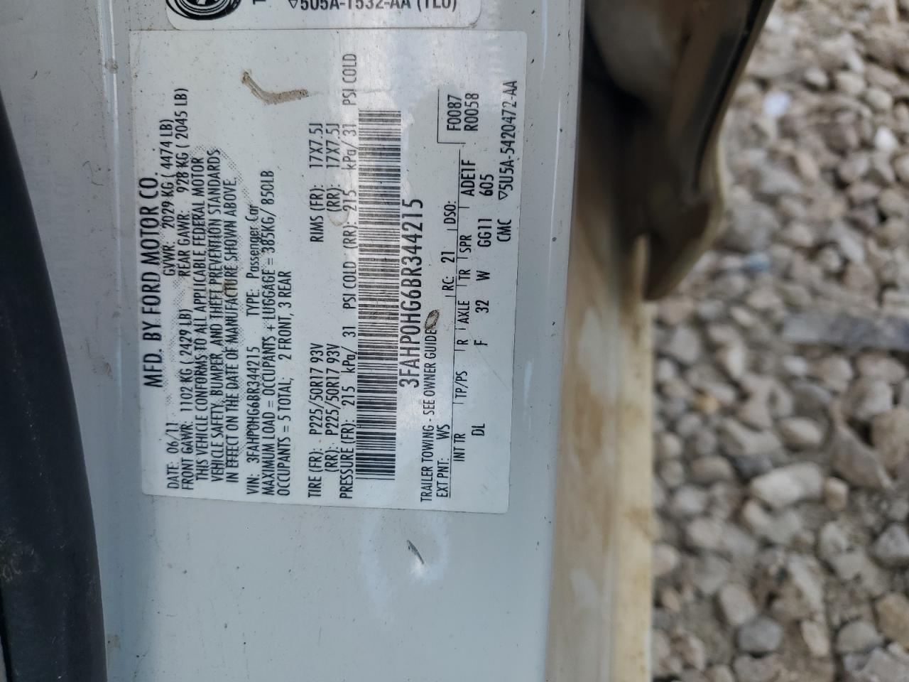 2011 Ford Fusion Se VIN: 3FAHP0HG6BR344215 Lot: 71279295