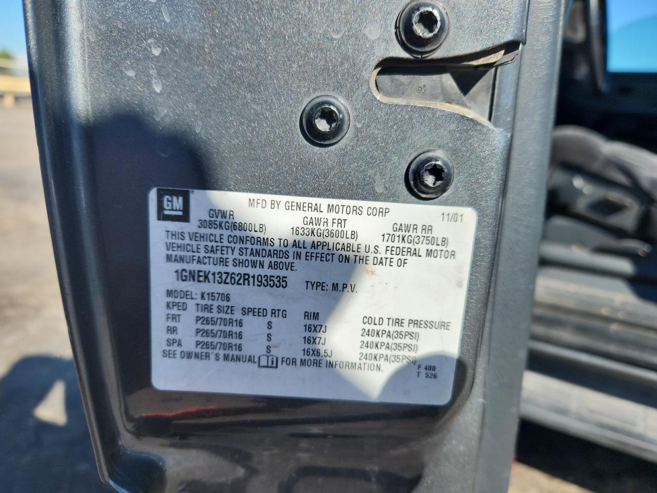 2002 Chevrolet Tahoe K1500 VIN: 1GNEK13Z62R193535 Lot: 81508105