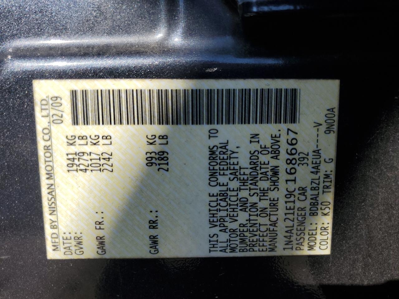 2009 Nissan Altima 2.5 VIN: 1N4AL21E19C168667 Lot: 84255245