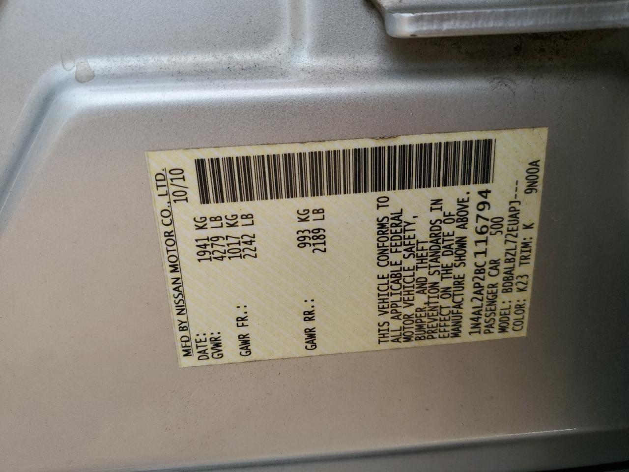 2011 Nissan Altima VIN: 1N4AL2AP2BC116794 Lot: 81917395