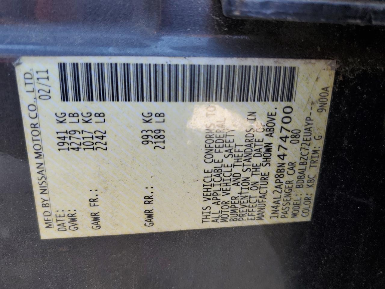 2011 Nissan Altima Base VIN: 1N4AL2AP8BN474700 Lot: 80858115