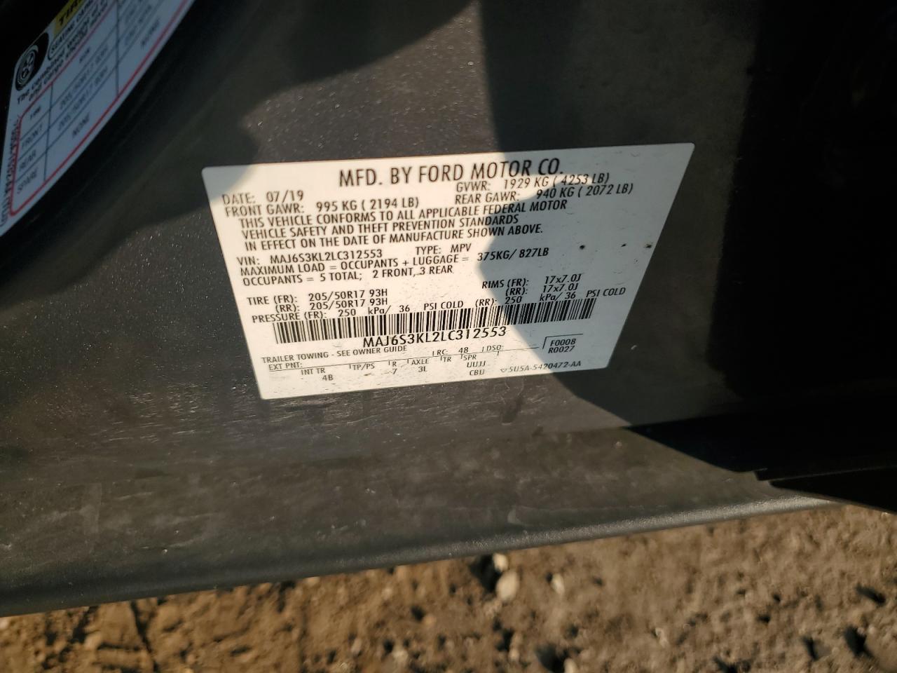 2020 Ford Ecosport Titanium VIN: MAJ6S3KL2LC312553 Lot: 71095225