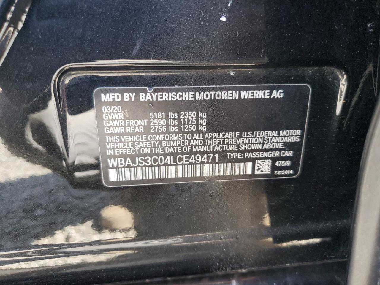 2020 BMW 540 Xi VIN: WBAJS3C04LCE49471 Lot: 71193535