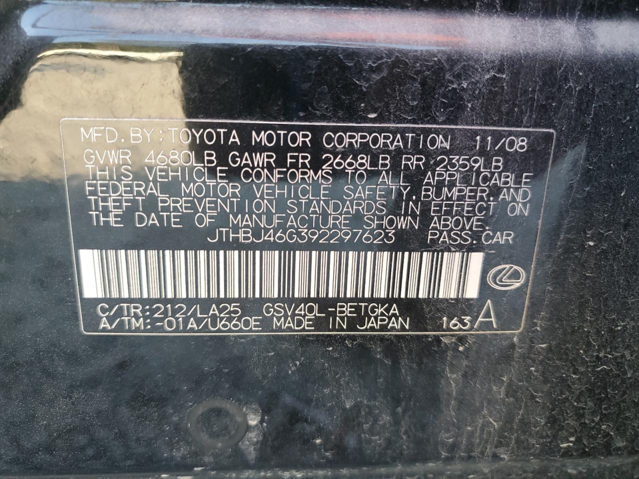 2009 Lexus Es 350 VIN: JTHBJ46G392297623 Lot: 71077935