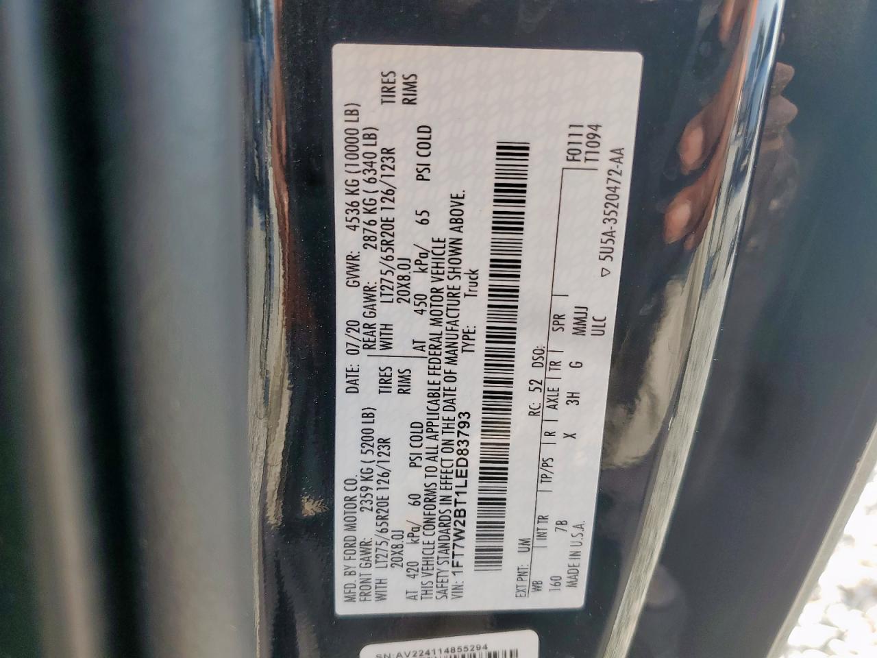 2020 Ford F250 Super Duty VIN: 1FT7W2BT1LED83793 Lot: 71263465
