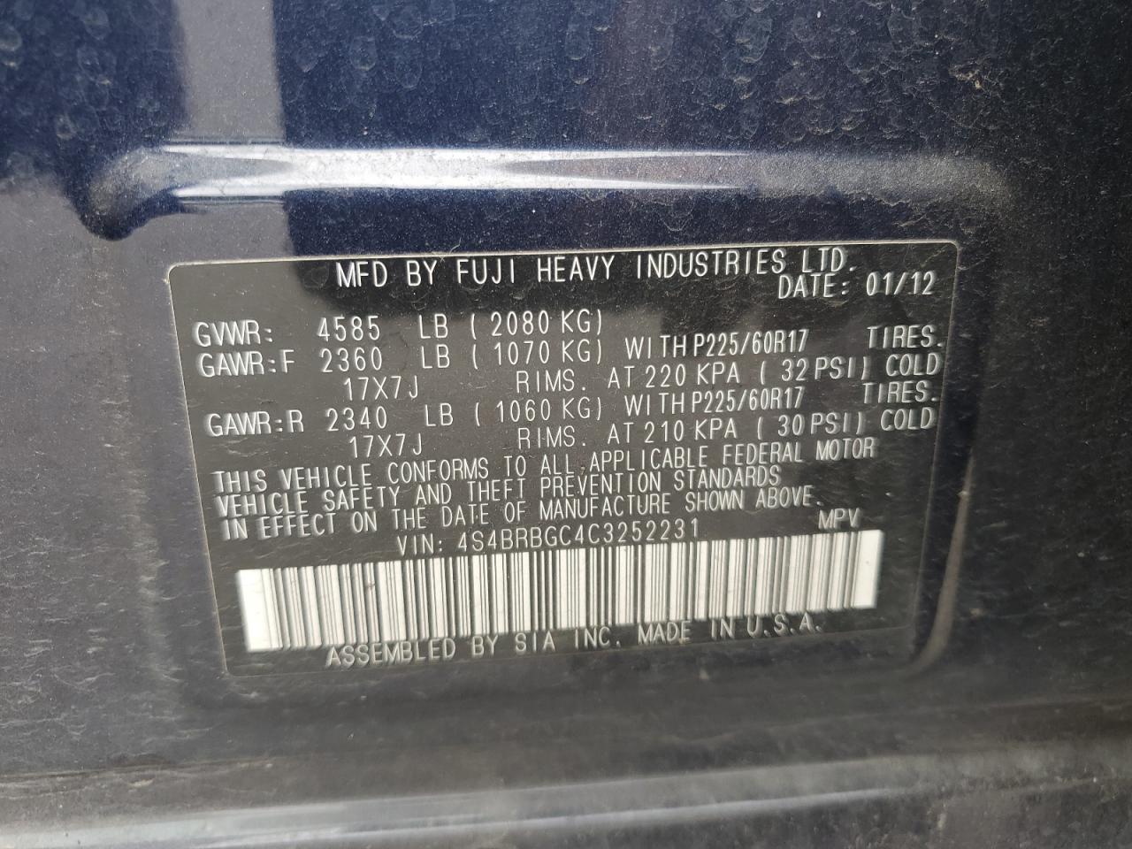 2012 Subaru Outback 2.5I Premium VIN: 4S4BRBGC4C3252231 Lot: 72015255