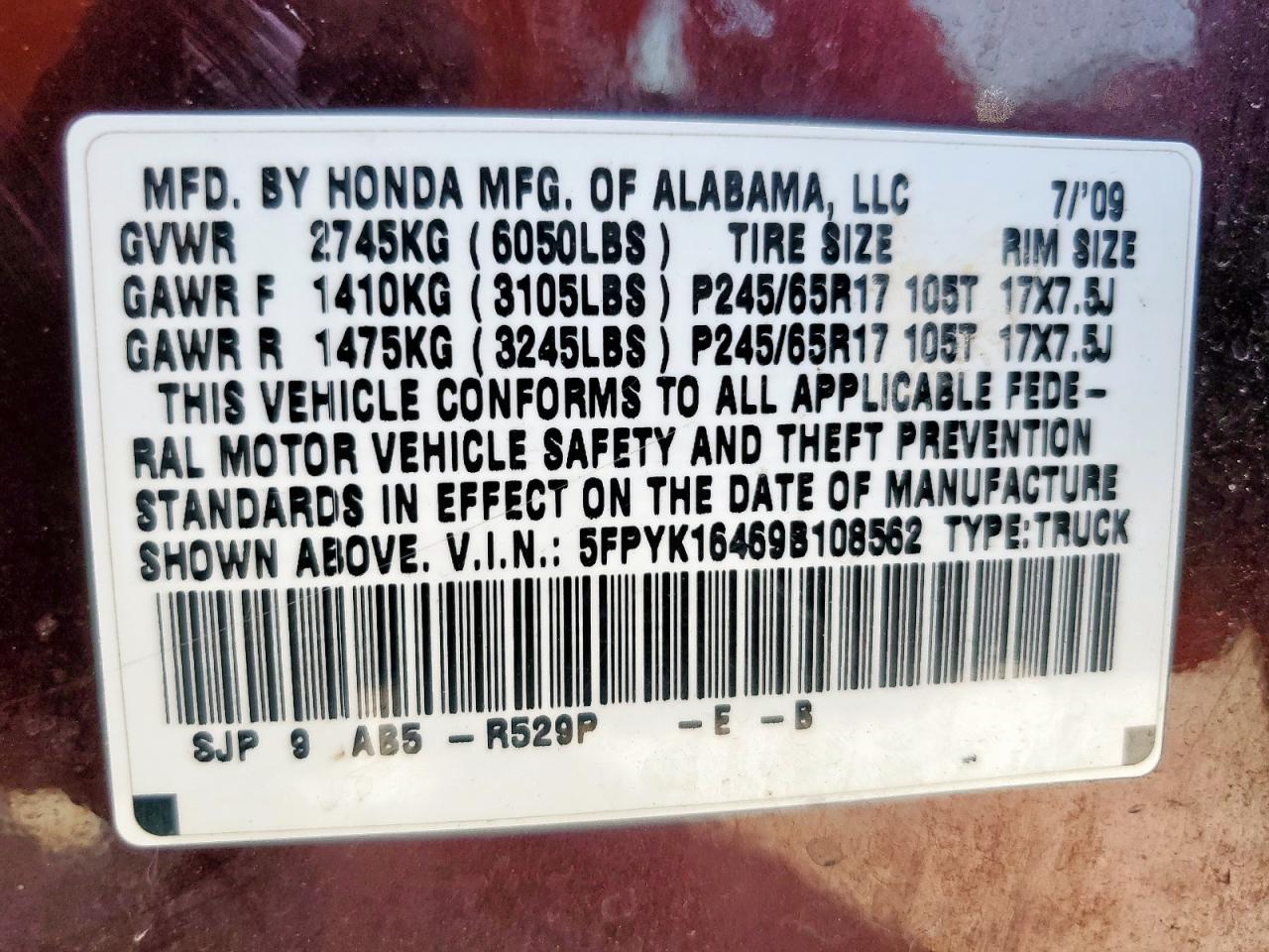 2009 Honda Ridgeline Rts VIN: 5FPYK16469B108562 Lot: 71988515