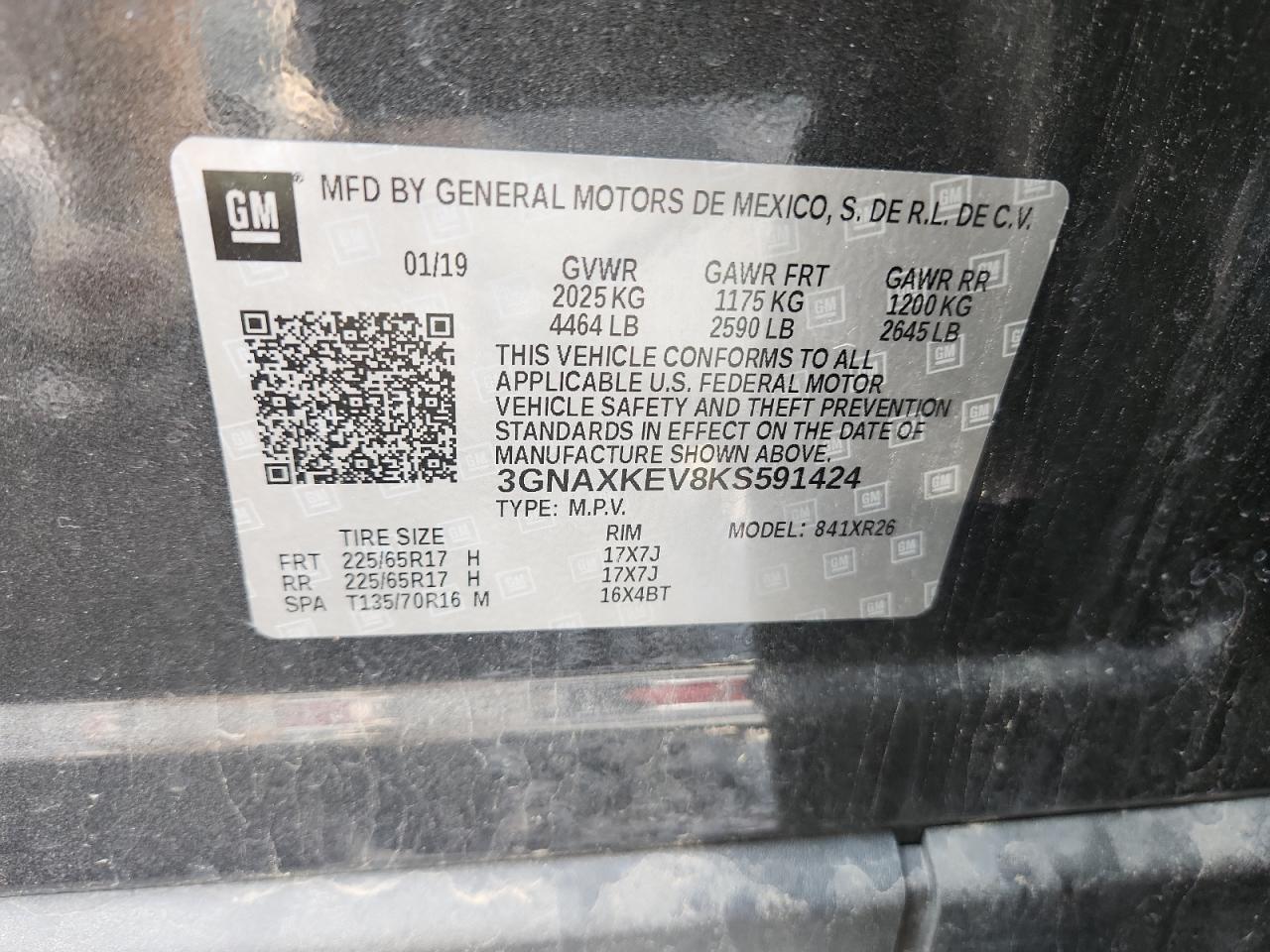 2019 Chevrolet Equinox Lt VIN: 3GNAXKEV8KS591424 Lot: 82032005