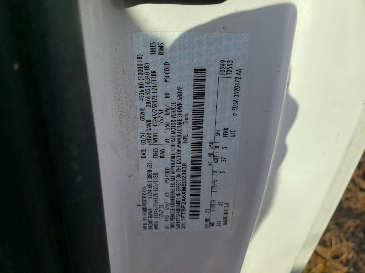 2021 Ford F250 Super Duty VIN: 1FTBF2A6XMED23938 Lot: 82114365