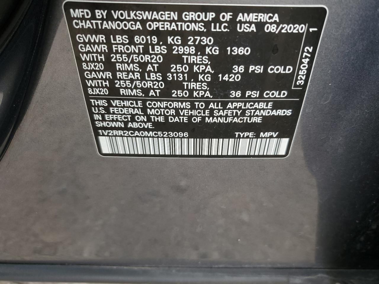 2021 Volkswagen Atlas Se VIN: 1V2RR2CA0MC523096 Lot: 83924125