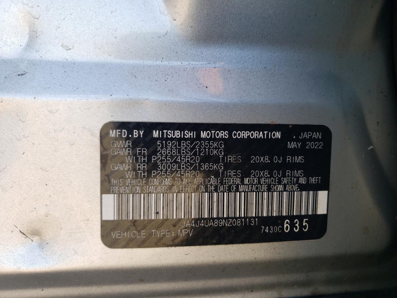 2022 Mitsubishi Outlander Se VIN: JA4J4UA89NZ081131 Lot: 92057635