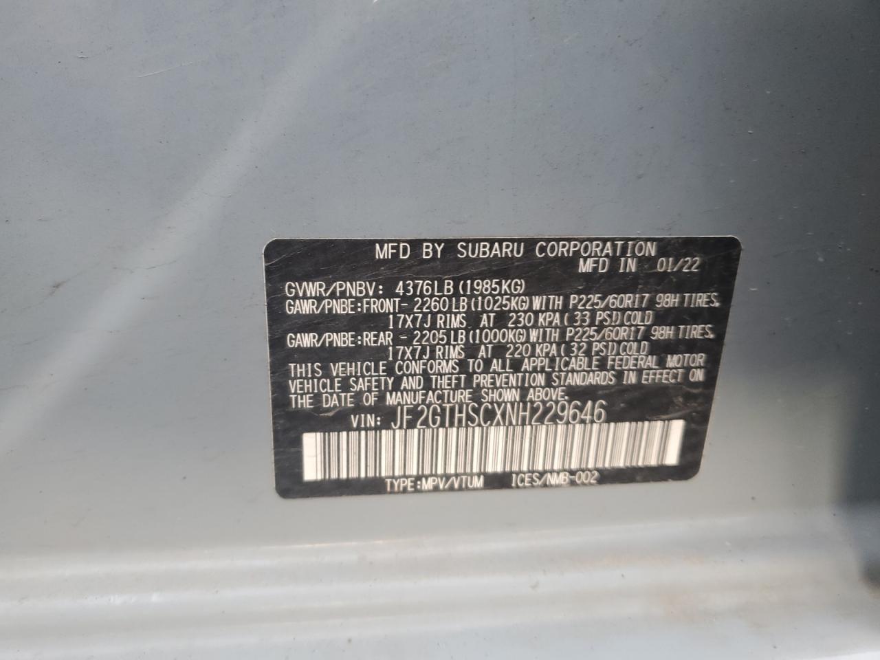 2022 Subaru Crosstrek Sport VIN: JF2GTHSCXNH229646 Lot: 80333915