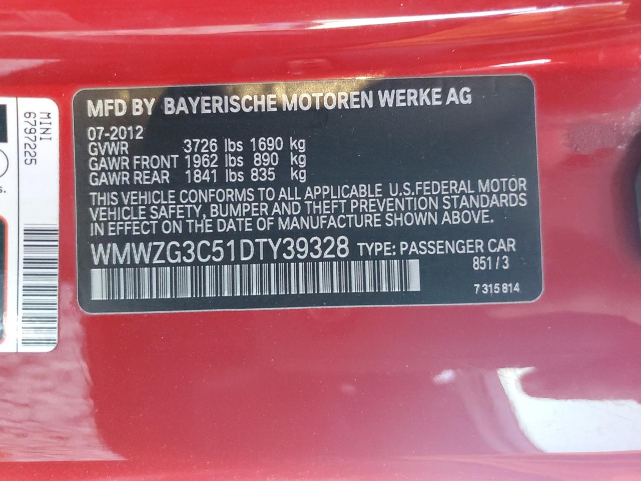 2013 Mini Cooper S Clubman VIN: WMWZG3C51DTY39328 Lot: 71474735