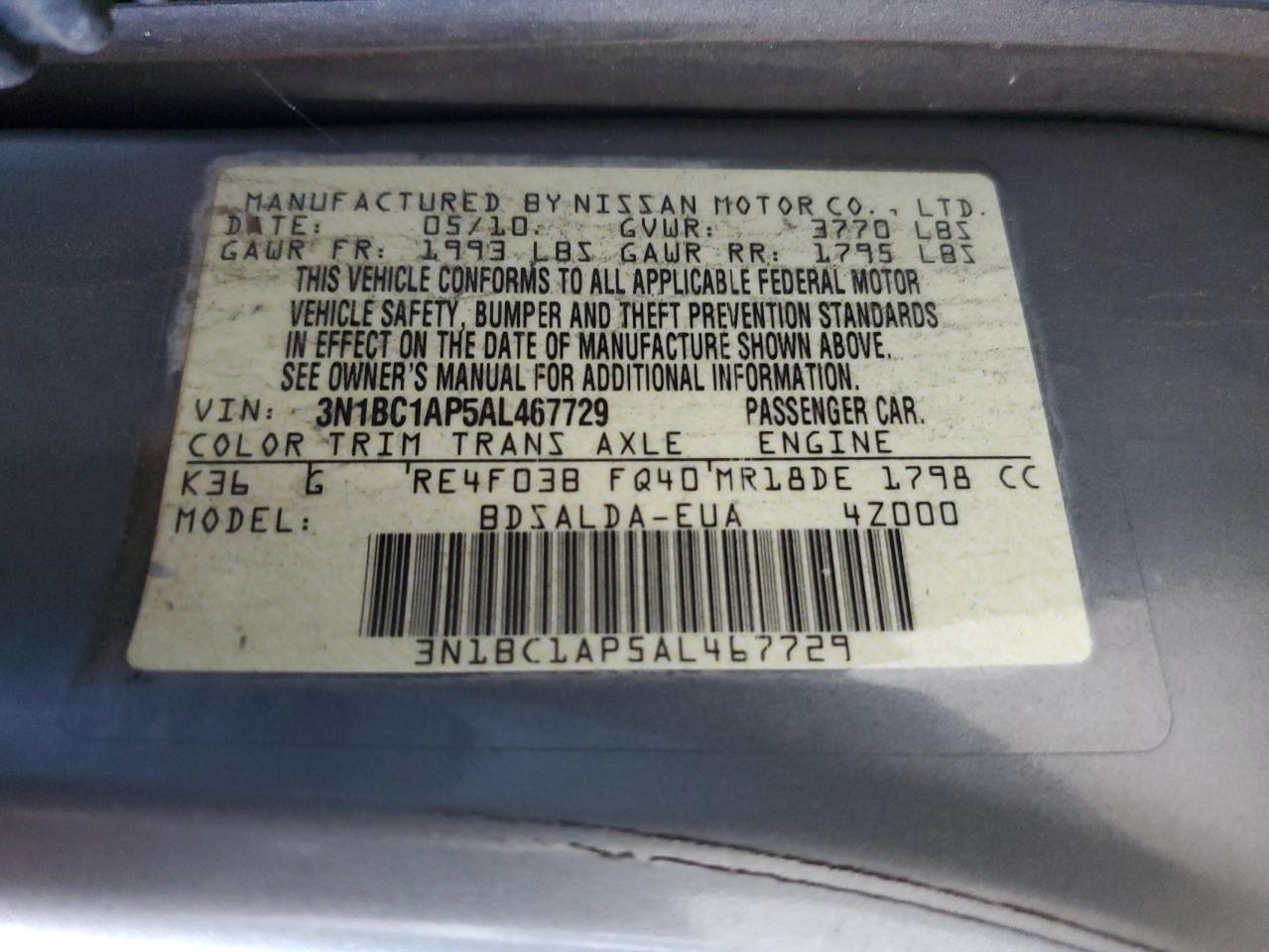 2010 Nissan Versa S VIN: 3N1BC1AP5AL467729 Lot: 81656625