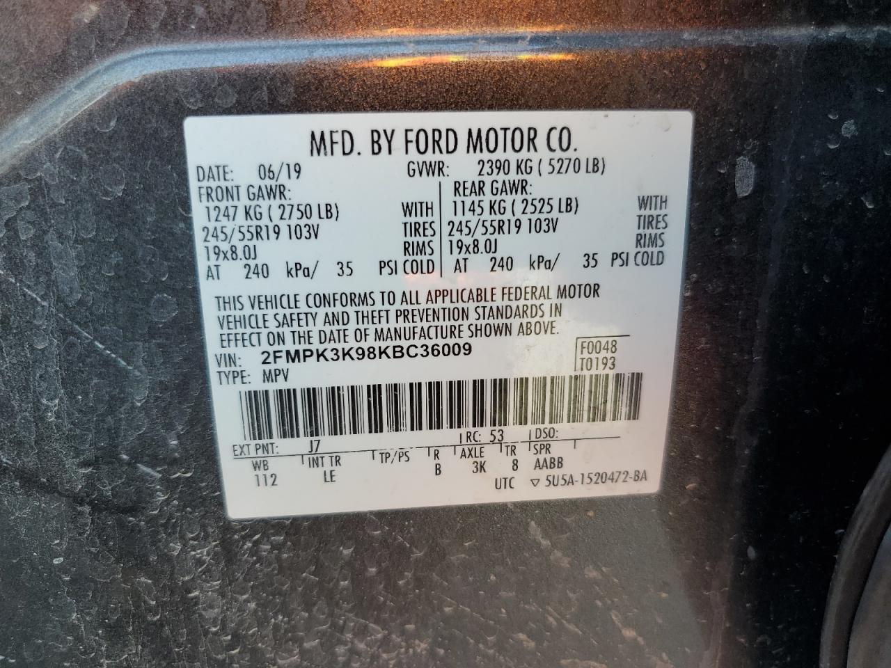 2019 Ford Edge Titanium VIN: 2FMPK3K98KBC36009 Lot: 80813275