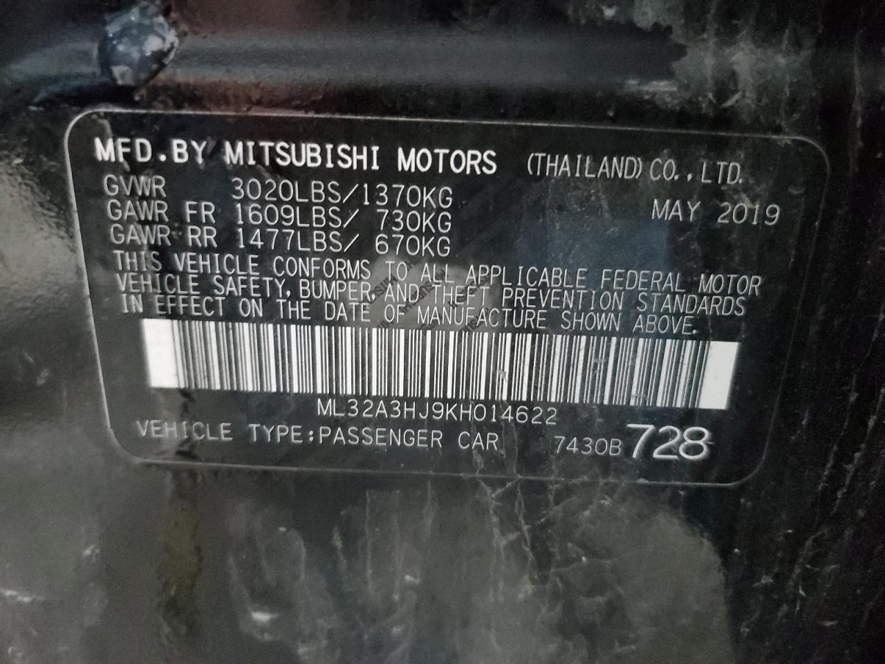 2019 Mitsubishi Mirage Es VIN: ML32A3HJ9KH014622 Lot: 80798155
