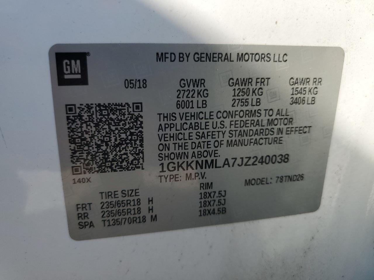 2018 GMC Acadia Slt-1 VIN: 1GKKNMLA7JZ240038 Lot: 81149395