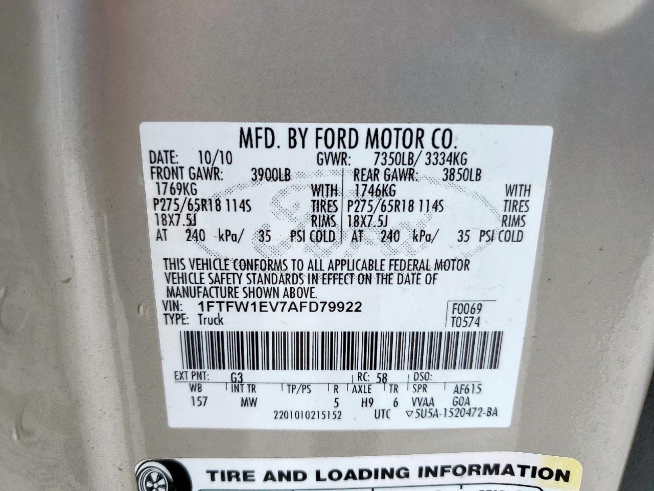 2010 Ford F150 Supercrew VIN: 1FTFW1EV7AFD79922 Lot: 81318455