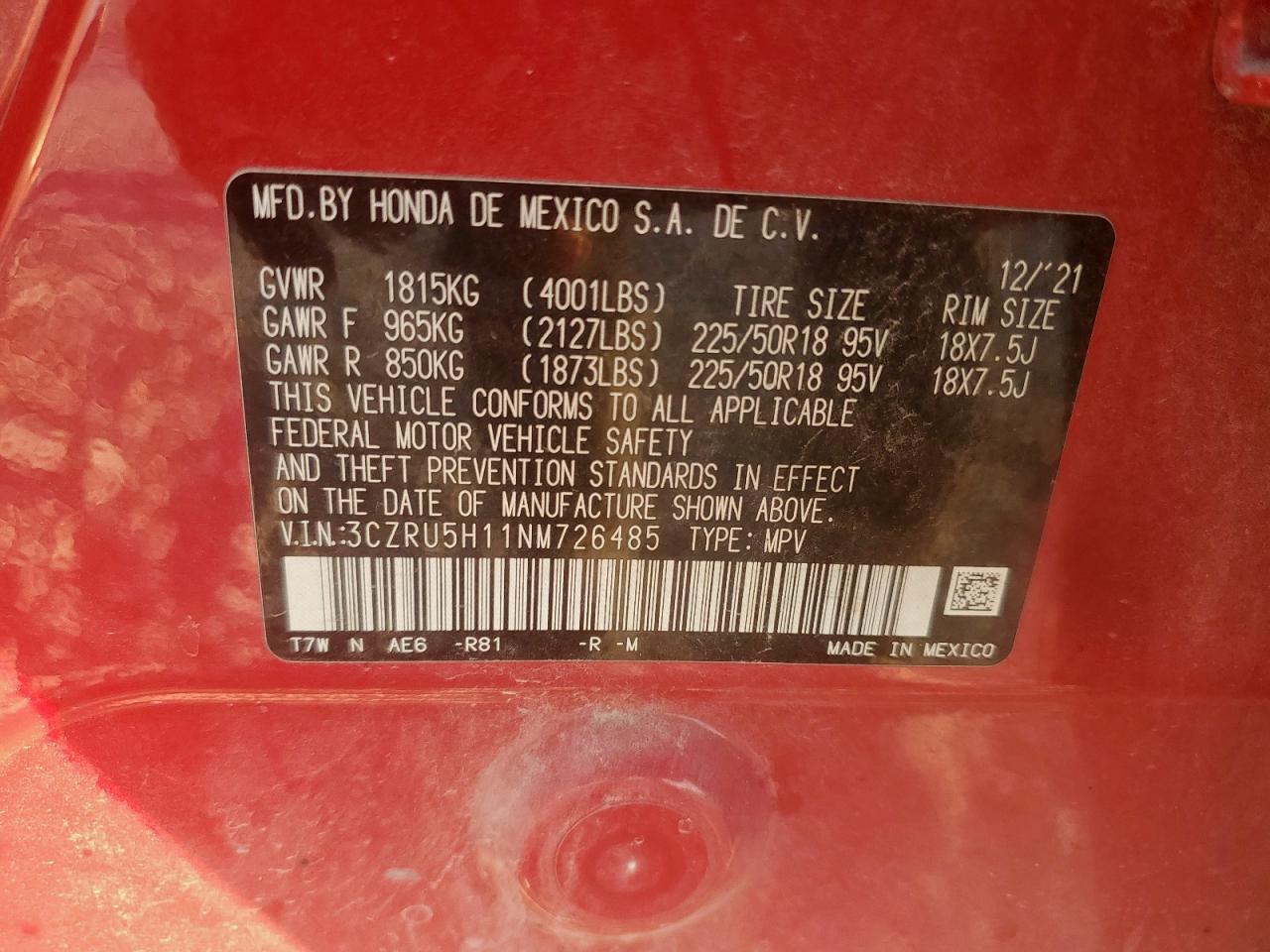 2022 Honda Hr-V Sport VIN: 3CZRU5H11NM726485 Lot: 81873625