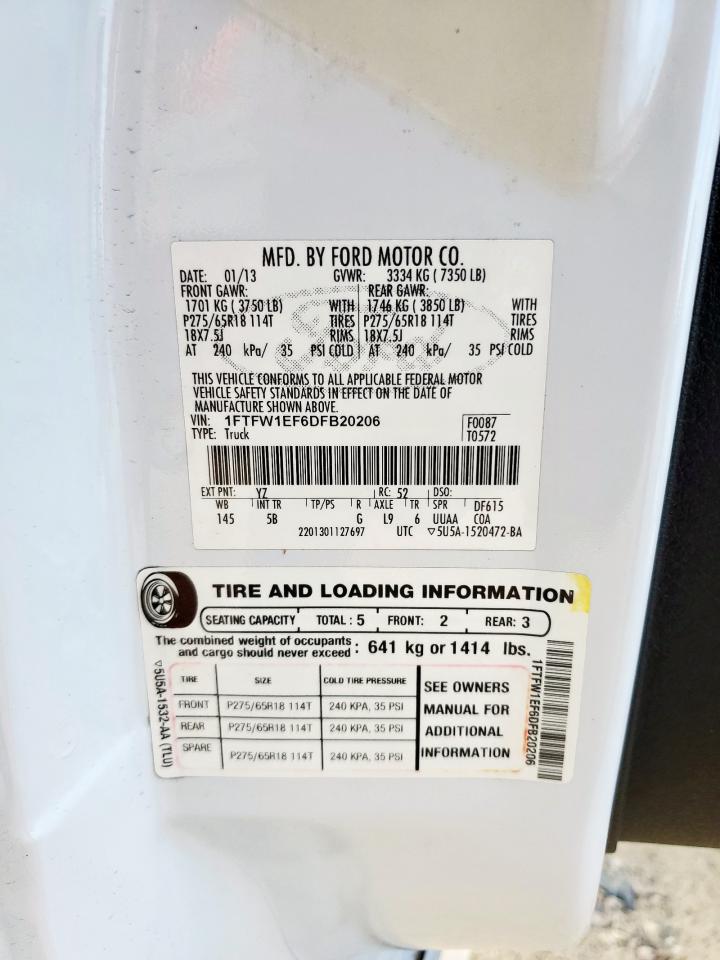 2013 Ford F150 Supercrew VIN: 1FTFW1EF6DFB20206 Lot: 84049615