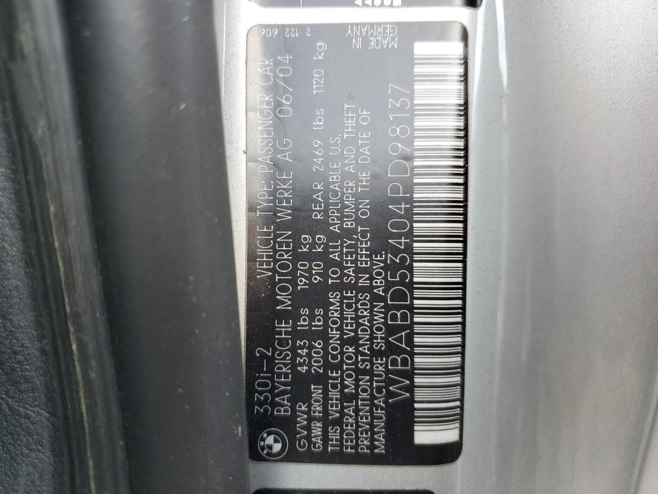 2004 BMW 330 Ci VIN: WBABD53404PD98137 Lot: 71491035