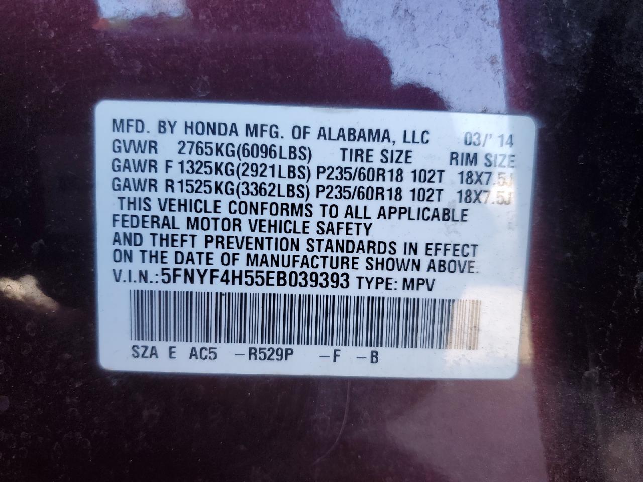 2014 Honda Pilot Exl VIN: 5FNYF4H55EB039393 Lot: 81301255