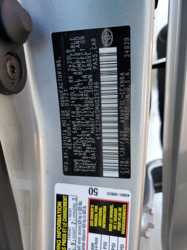 2021 Toyota Camry Le VIN: 4T1C31AK5MU025786 Lot: 84259505