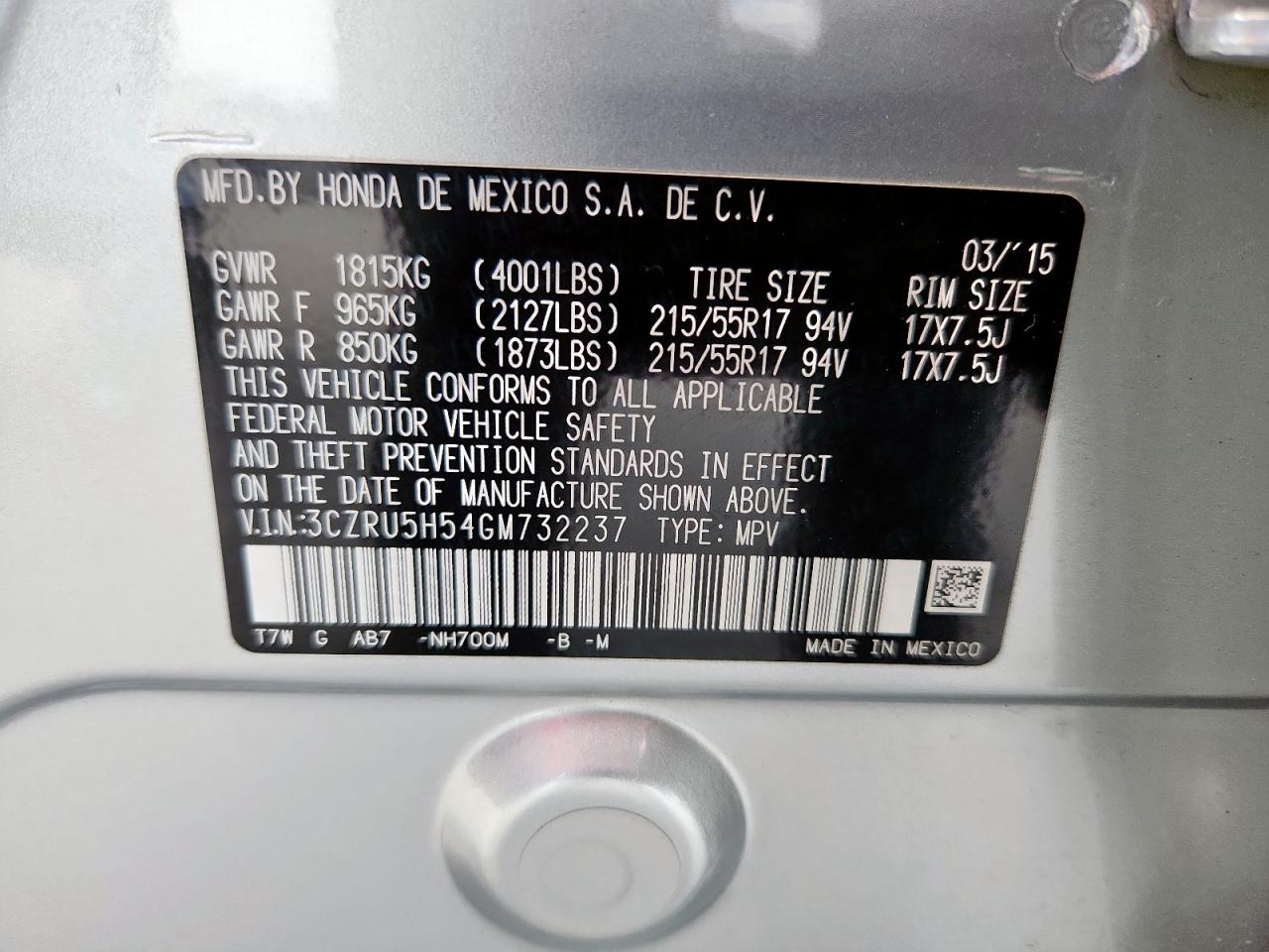 2016 Honda Hr-V Ex VIN: 3CZRU5H54GM732237 Lot: 84174795