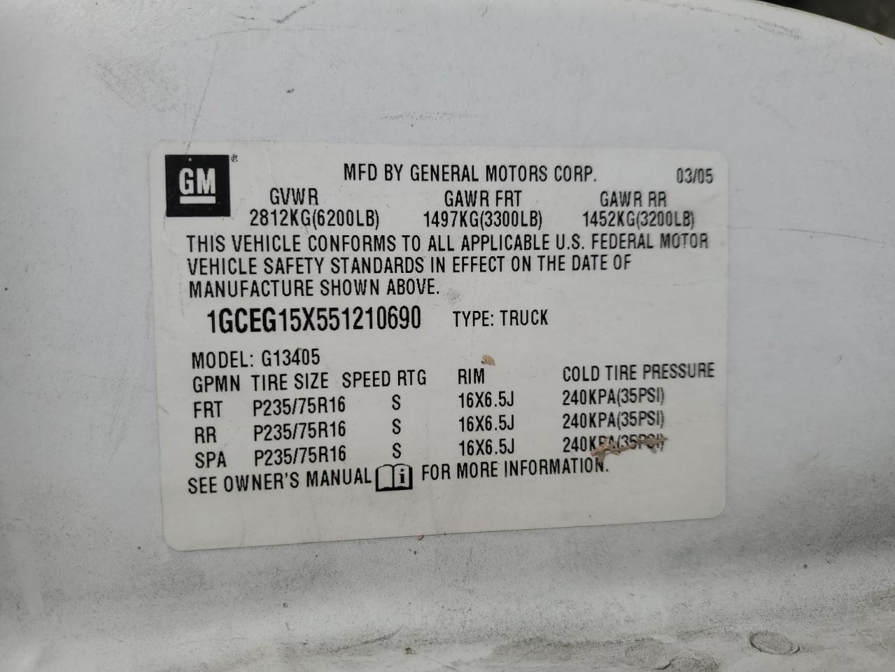 2005 Chevrolet Express G1500 VIN: 1GCEG15X551210690 Lot: 81493705