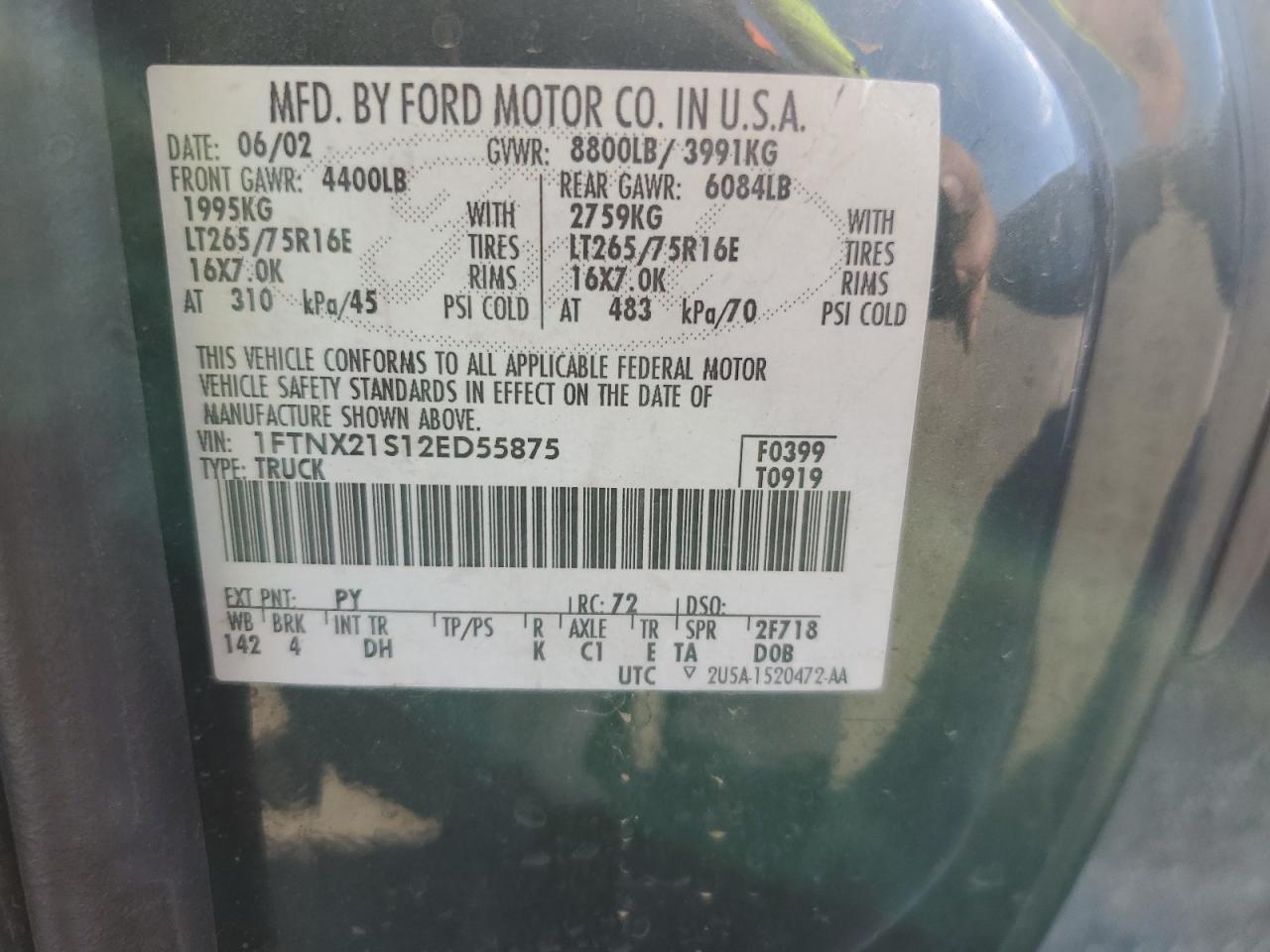 2002 Ford F250 Super Duty VIN: 1FTNX21S12ED55875 Lot: 81812345