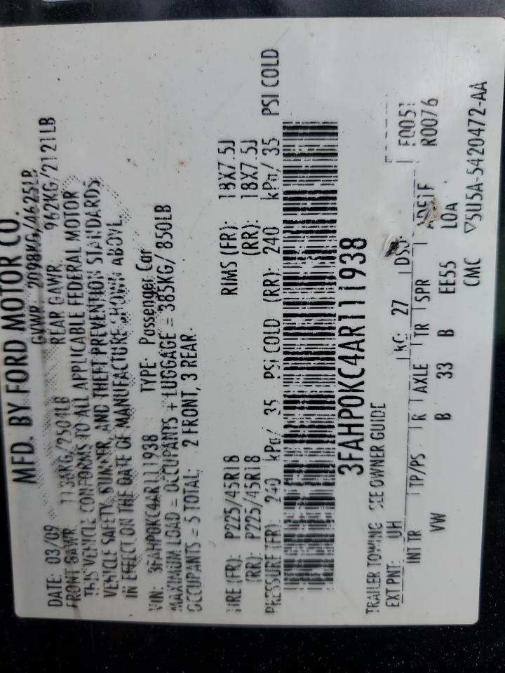 2010 Ford Fusion Sport VIN: 3FAHP0KC4AR111938 Lot: 84479305