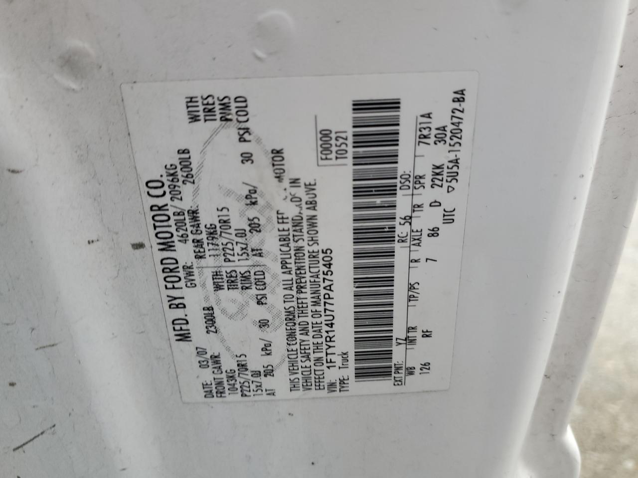 2007 Ford Ranger Super Cab VIN: 1FTYR14U77PA75405 Lot: 81761115