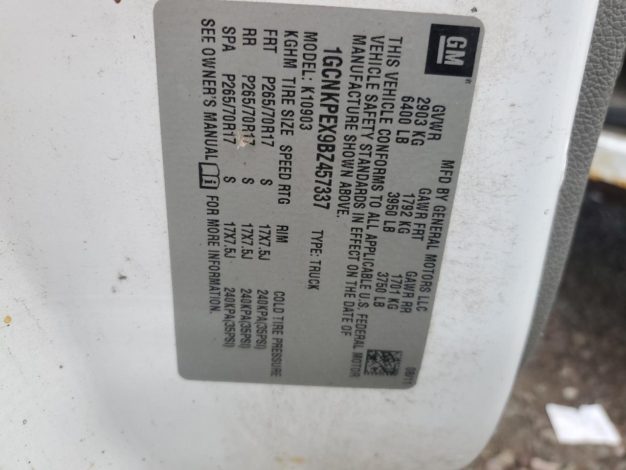 2011 Chevrolet Silverado K1500 VIN: 1GCNKPEX9BZ457337 Lot: 81752675