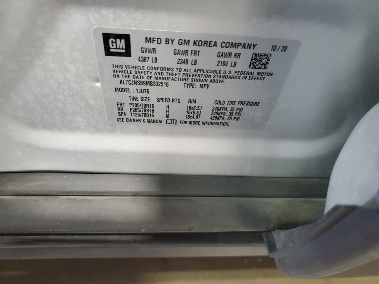 2021 Chevrolet Trax Ls VIN: KL7CJNSB9MB332516 Lot: 71611175