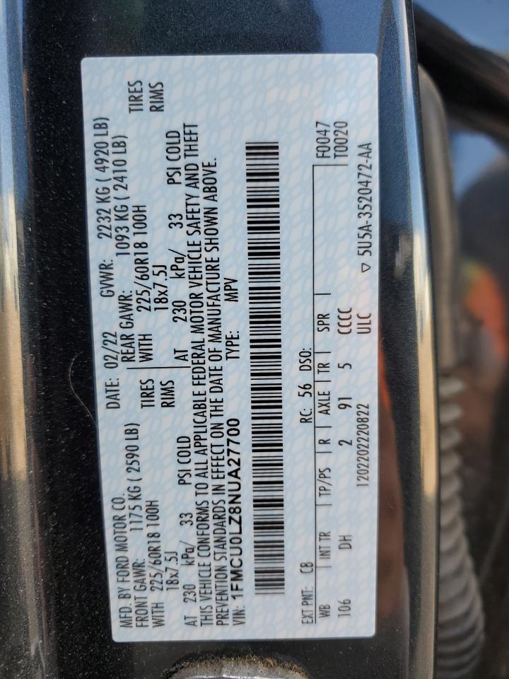 2022 Ford Escape Titanium VIN: 1FMCU0LZ8NUA27700 Lot: 80845415