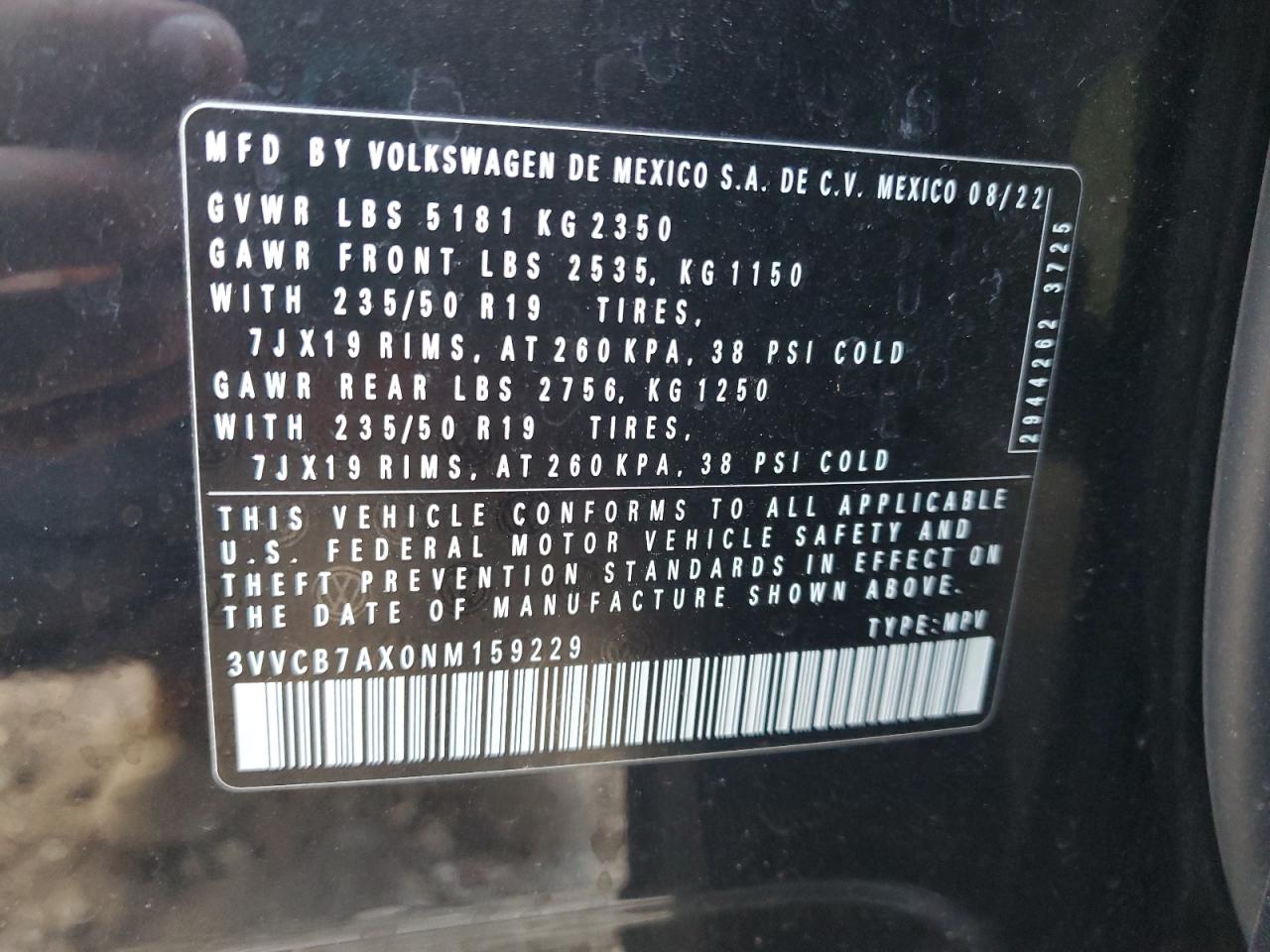 2022 Volkswagen Tiguan Se R-Line Black VIN: 3VVCB7AX0NM159229 Lot: 72049275