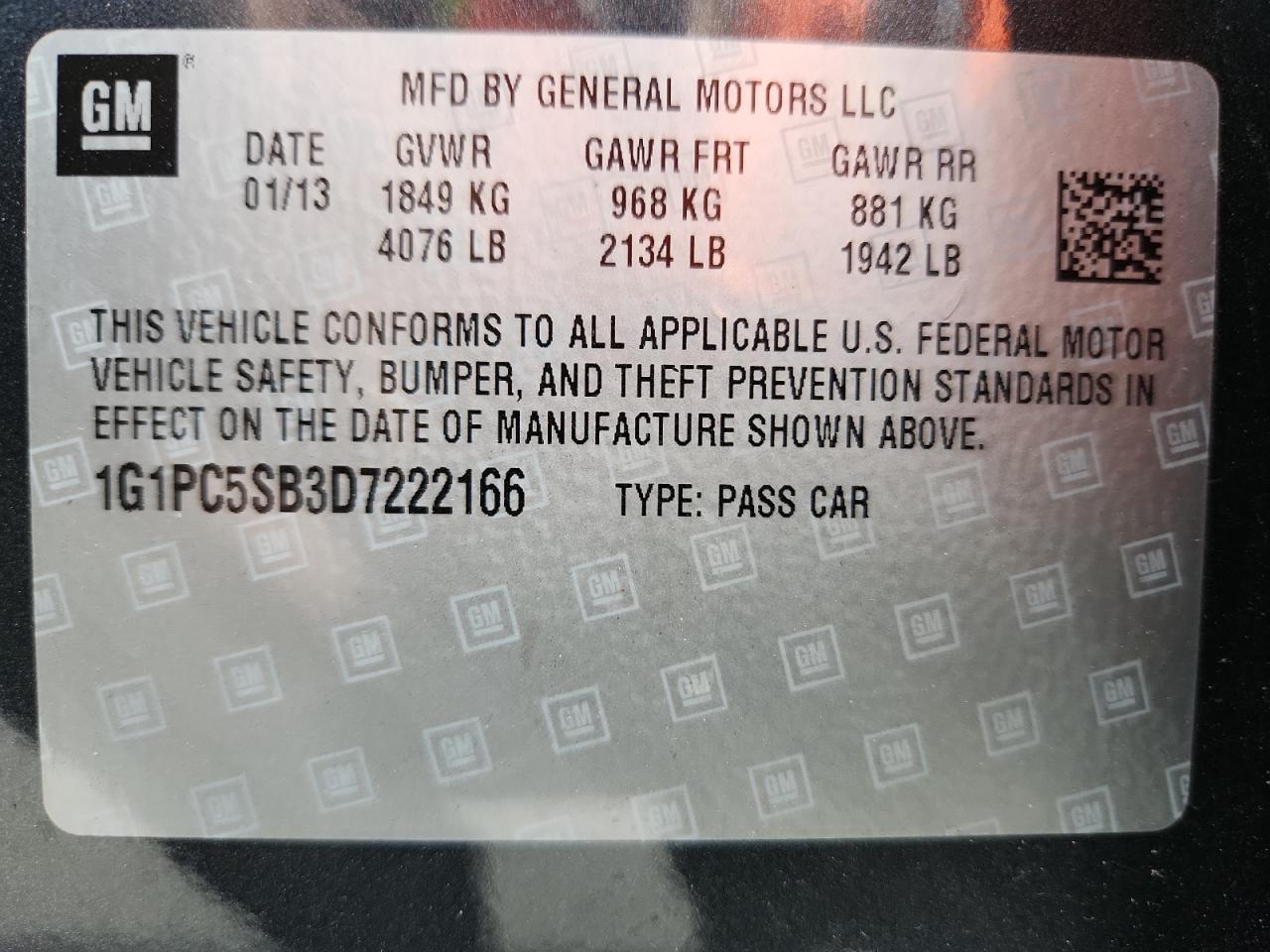 2013 Chevrolet Cruze Lt VIN: 1G1PC5SB3D7222166 Lot: 81967445