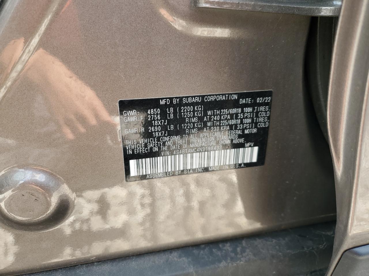 2022 Subaru Outback Limited VIN: 4S4BTAMC4N3198433 Lot: 69004825