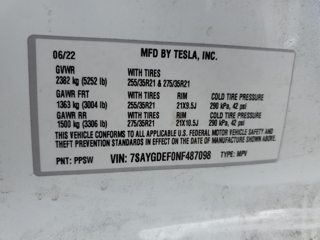 2022 Tesla Model Y VIN: 7SAYGDEF0NF487098 Lot: 80744715