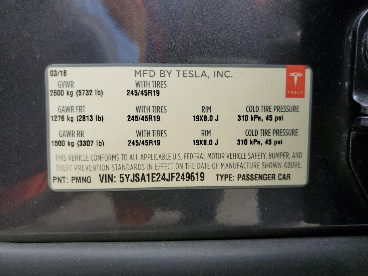 2018 Tesla Model S VIN: 5YJSA1E24JF249619 Lot: 70769965