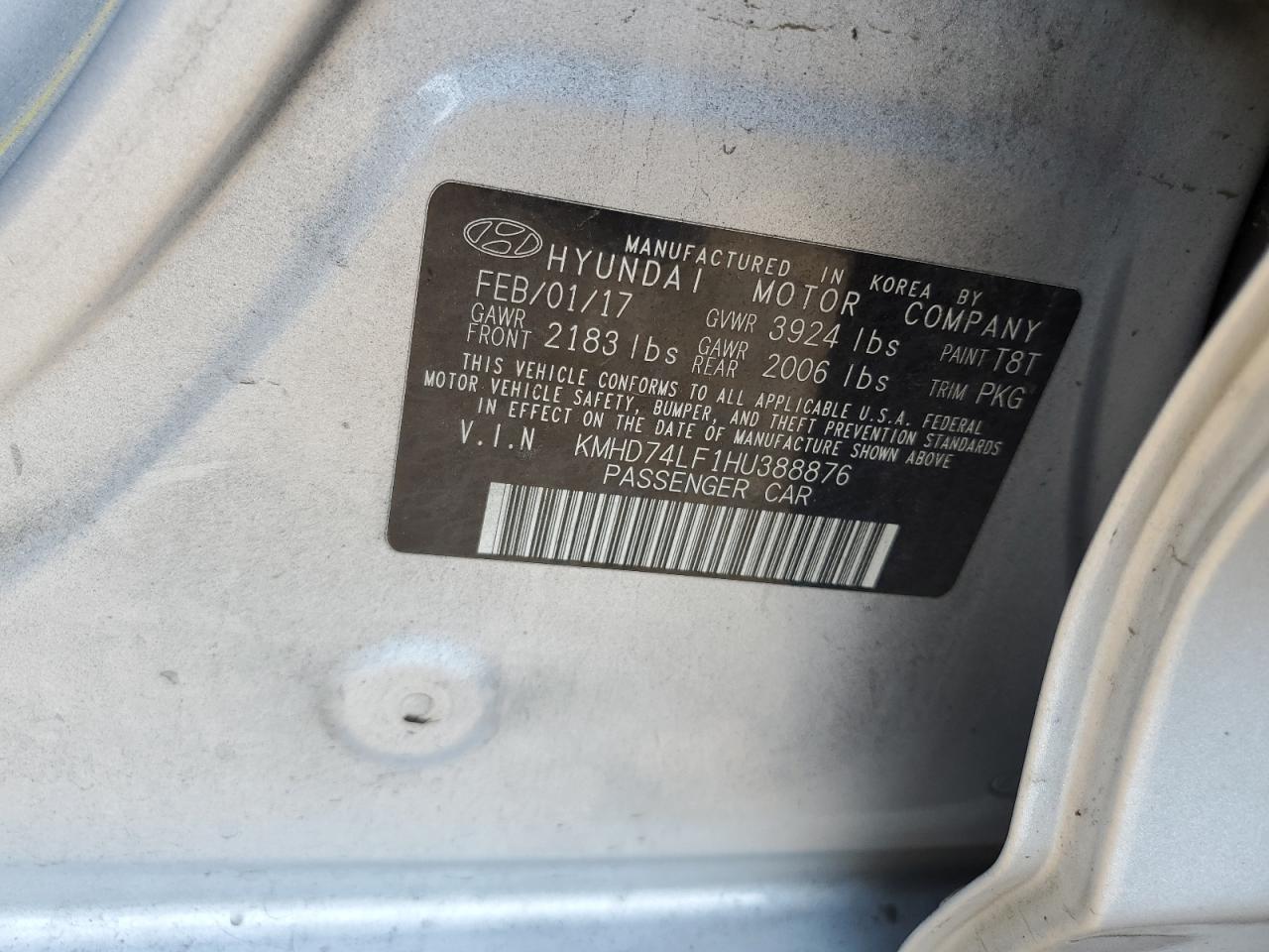 2017 Hyundai Elantra Se VIN: KMHD74LF1HU388876 Lot: 81306535