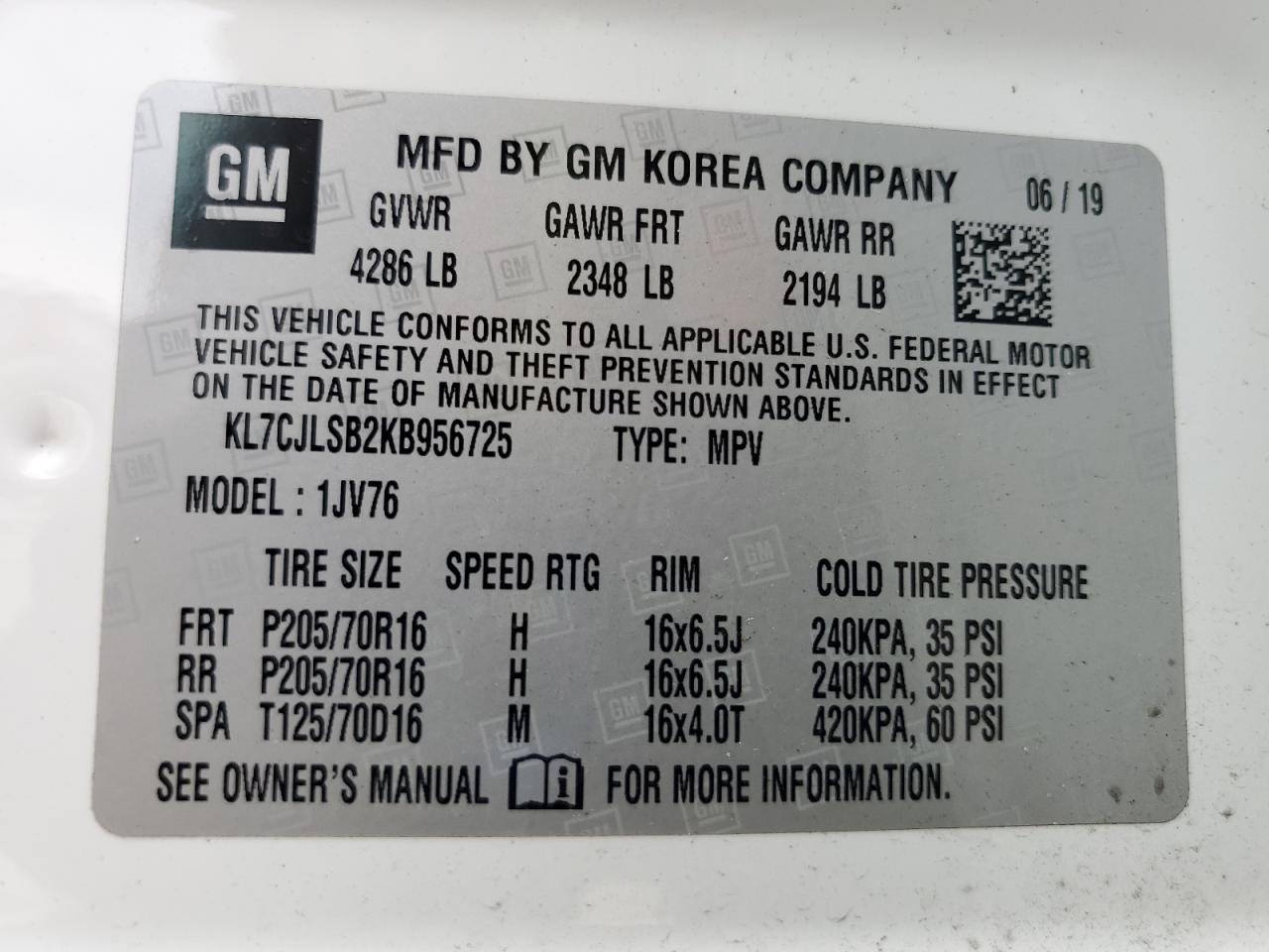 2019 Chevrolet Trax 1Lt VIN: KL7CJLSB2KB956725 Lot: 84169625