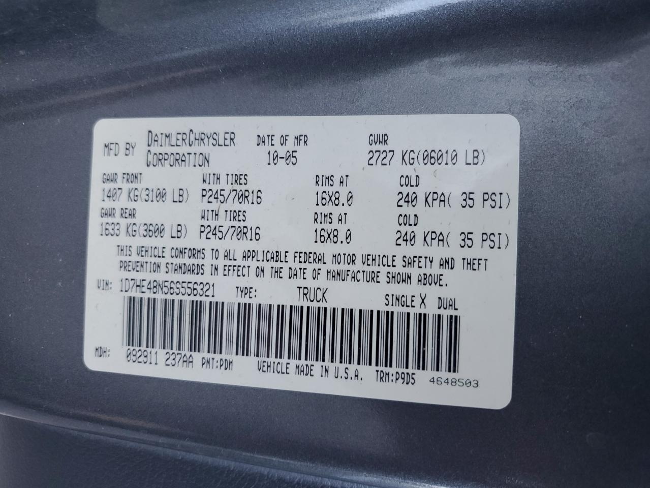 2006 Dodge Dakota Quad Slt VIN: 1D7HE48N56S556321 Lot: 84649575