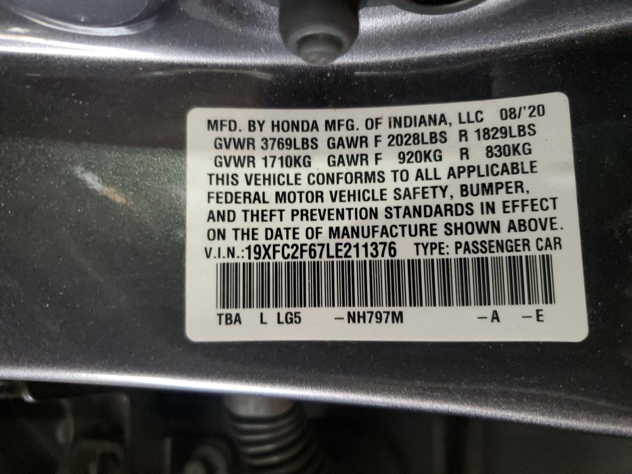2020 Honda Civic Lx VIN: 19XFC2F67LE211376 Lot: 80337005