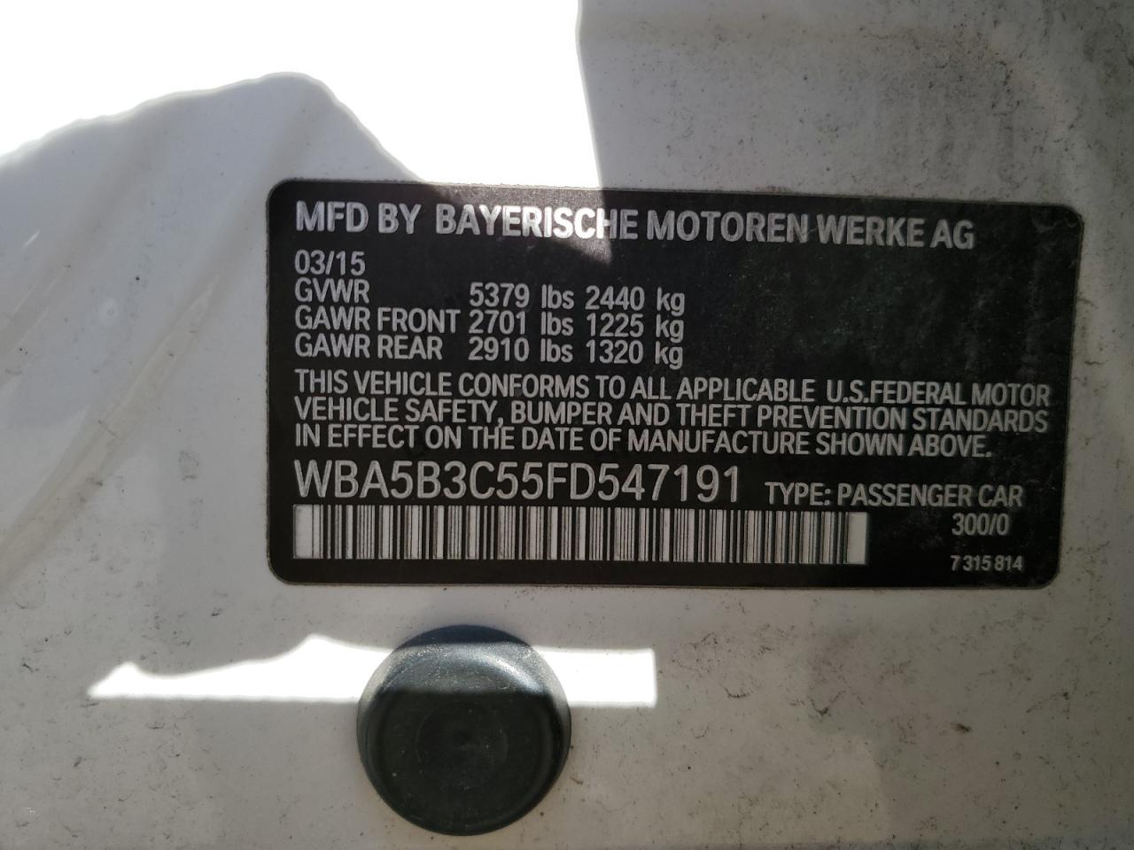 2015 BMW 535 Xi VIN: WBA5B3C55FD547191 Lot: 81487825