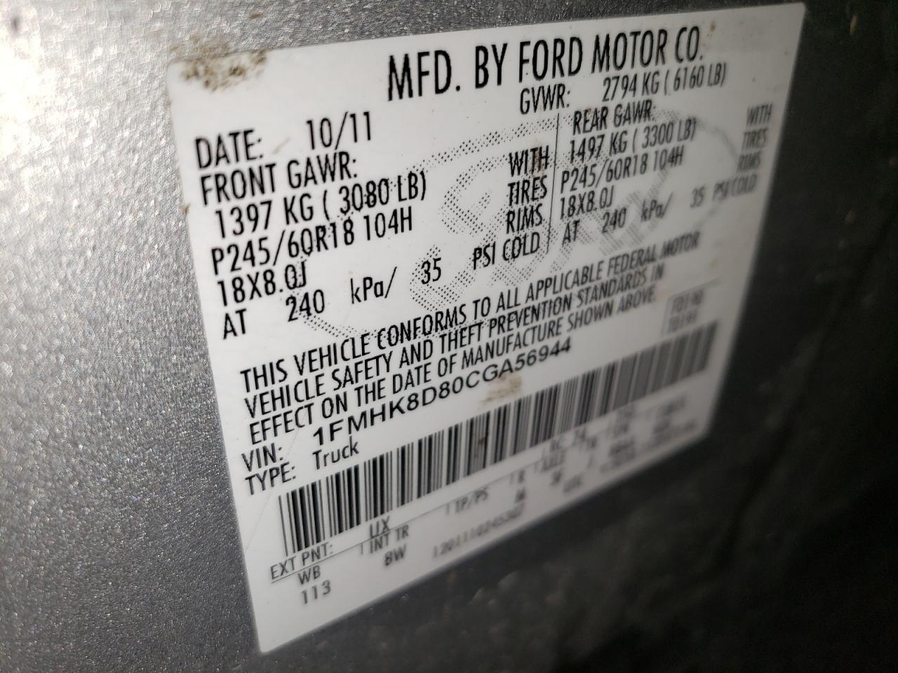 2012 Ford Explorer Xlt VIN: 1FMHK8D80CGA56944 Lot: 84047625